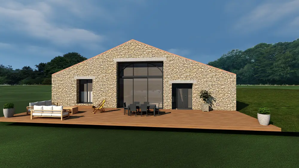 vue 3D de l'extérieur d'une grange rénovée avec murs en pierres apparentes, couverture en tuiles et grande baie vitrée